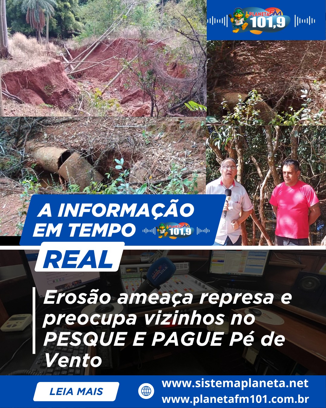 Erosão ameaça represa e preocupa vizinhos no PESQUE E PAGUE Pé de Vento