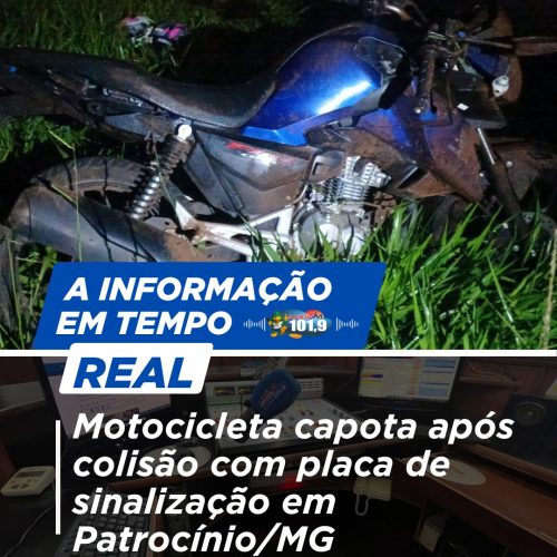 Motocicleta capota após colisão com placa de sinalização em Patrocínio/MG